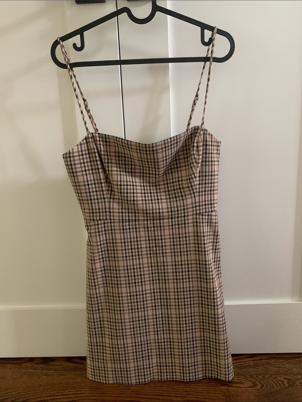Wilfred Beige Plaid Spaghetti-Strap Mini Dress